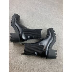 Zara Womens Sz 40 Black Faux Leather Chelsea Boots Lug Sole Ribbed Sock Mid Calf